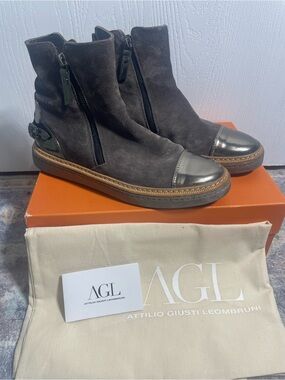 AGL Dark Brown Suede Ankle Sneakers with Metallic Toe Caps